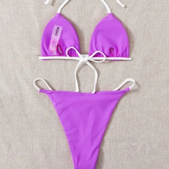 Purple color block halter knot triangle padded top thong bikini swimsuit Sz M - Picture 4 of 6